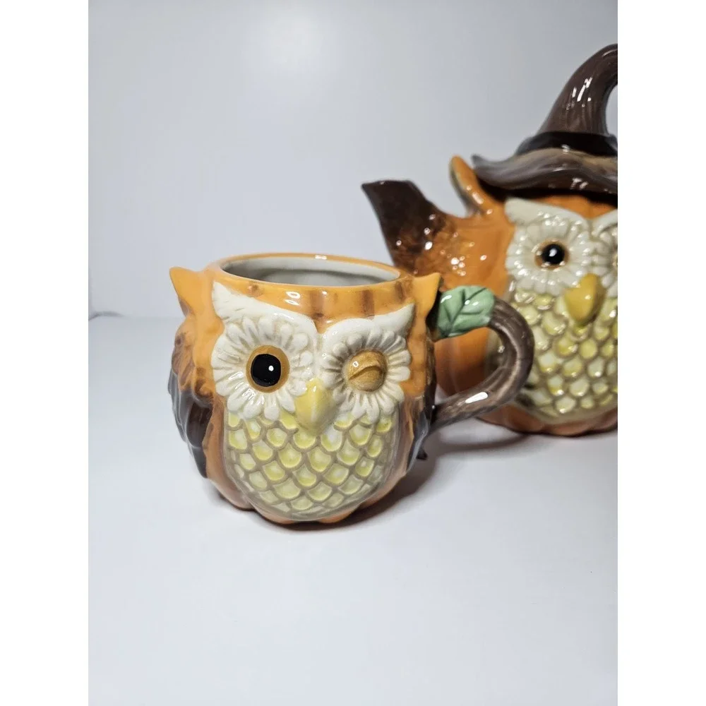Cracker Barrel Stoneware Witch Pumpkin Owl Tea Pot Mug Cup 3 piece Halloween
